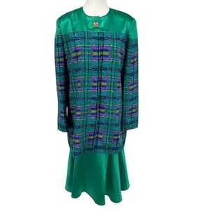Vintage 2-Piece Skirt & Top Satin Green Plaid Colorful Large